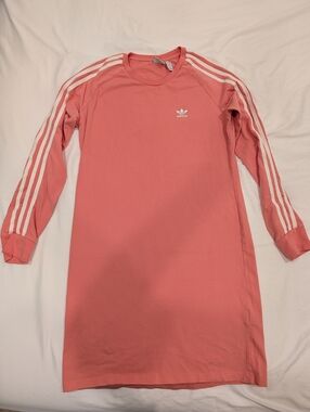 adidas Coral Pink Trefoil Stripe Long Sleeve Dress Size L